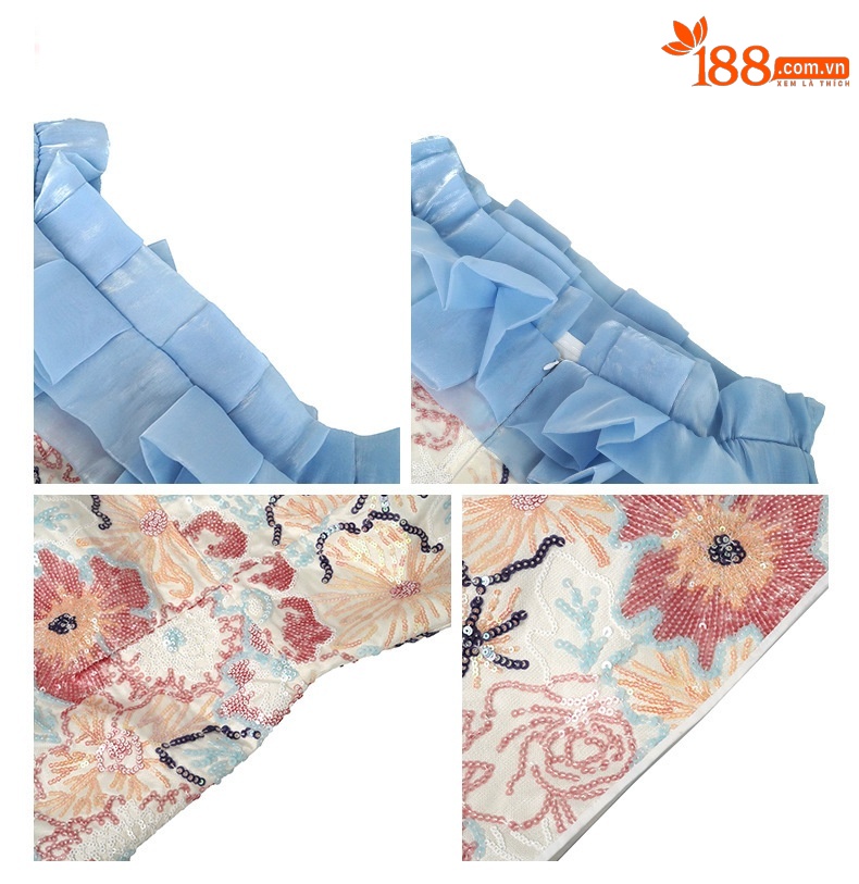 Váy liền sequin ôm dáng trễ vai bèo nhún nữ tính — Xanh lam băng chi tiết 1