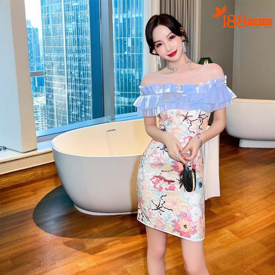 Váy liền sequin ôm dáng trễ vai bèo nhún nữ tính — Xanh lam băng chi tiết 3