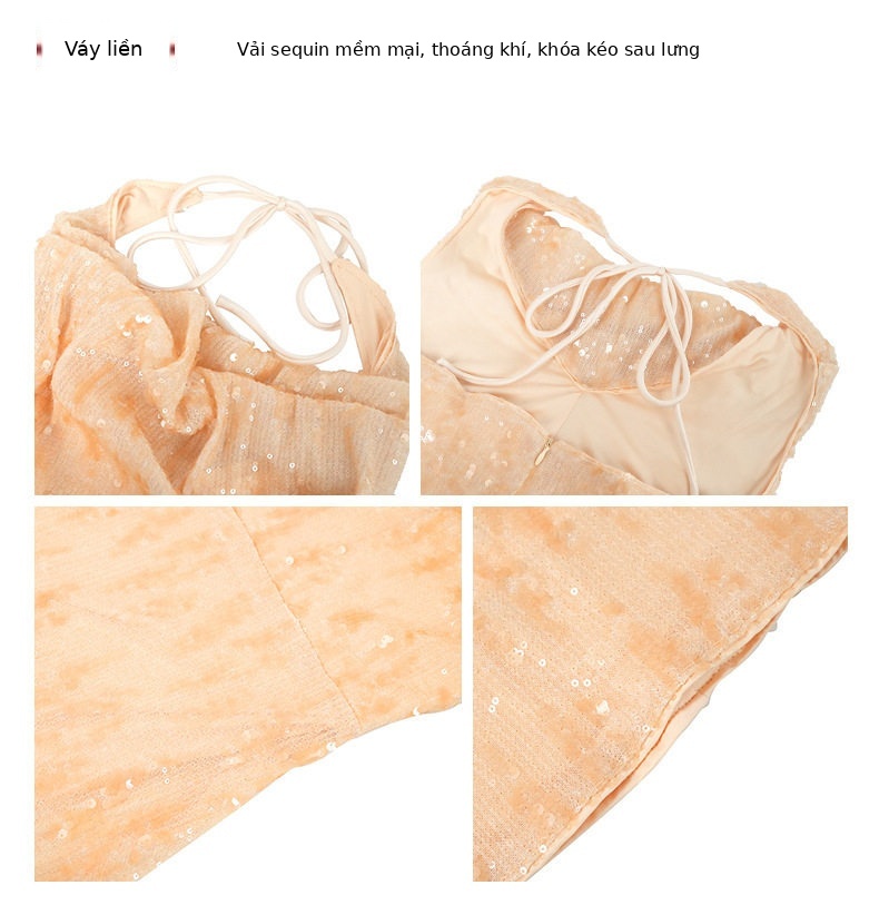 Đầm ôm body nữ cổ yếm đính đá lấp lánh — [Màu champagne] chi tiết 3