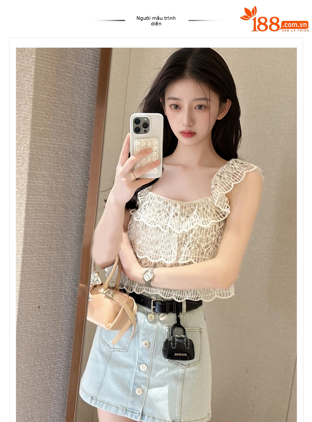 Áo hai dây ren xếp nếp kiểu Pháp tôn dáng, không tay, mặc ngoài mùa hè — Màu xanh lam nhạt, Màu trắng be chi tiết 1