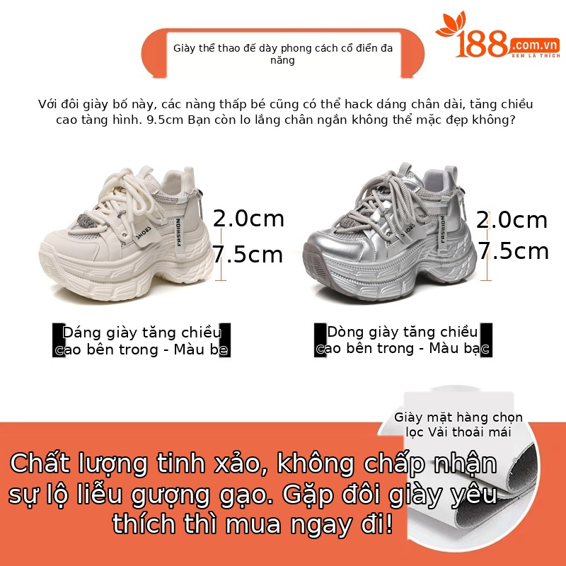 Giày sneaker nữ đế dày chunky mặt lưới thoáng khí, tăng chiều cao bên trong, đính đá rhinestone thời trang — Màu be