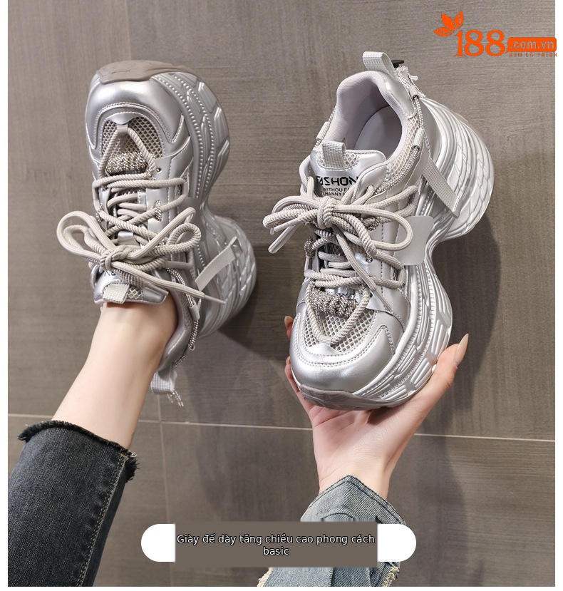 Giày sneaker nữ đế dày chunky mặt lưới thoáng khí, tăng chiều cao bên trong, đính đá rhinestone thời trang — Màu be chi tiết 1