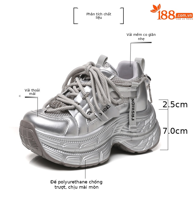 Giày sneaker nữ đế dày chunky mặt lưới thoáng khí, tăng chiều cao bên trong, đính đá rhinestone thời trang — Màu be chi tiết 3