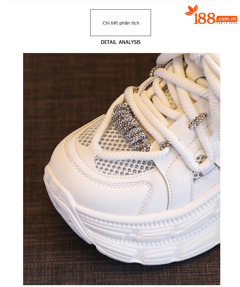 Giày sneaker nữ đế dày chunky mặt lưới thoáng khí, tăng chiều cao bên trong, đính đá rhinestone thời trang — Màu be chi tiết 7