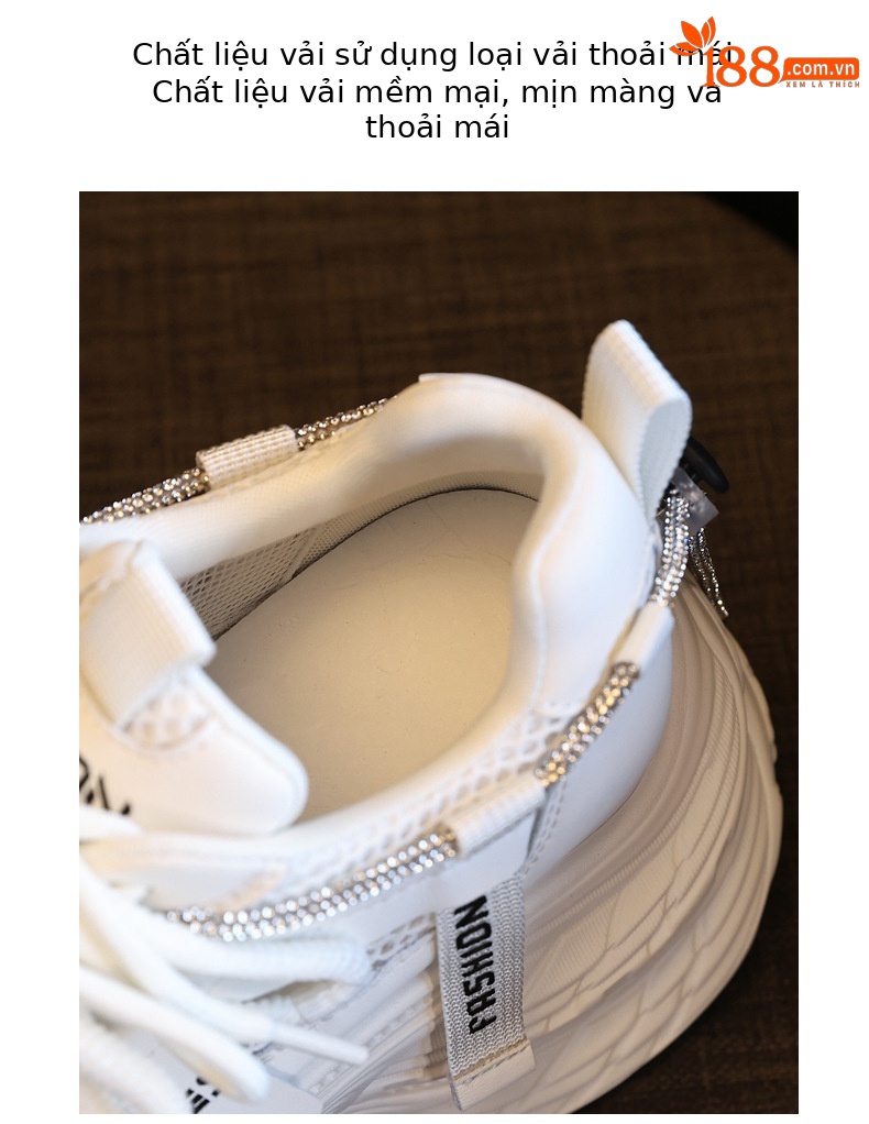 Giày sneaker nữ đế dày chunky mặt lưới thoáng khí, tăng chiều cao bên trong, đính đá rhinestone thời trang — Màu be chi tiết 8