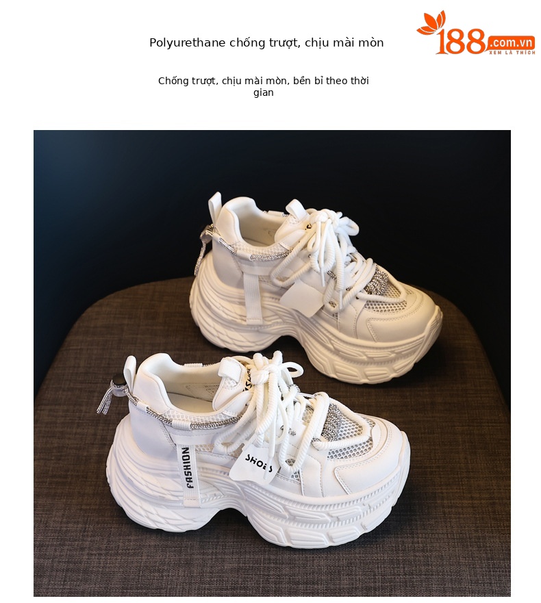 Giày sneaker nữ đế dày chunky mặt lưới thoáng khí, tăng chiều cao bên trong, đính đá rhinestone thời trang — Màu be chi tiết 10