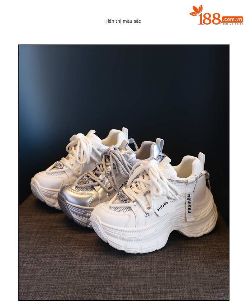 Giày sneaker nữ đế dày chunky mặt lưới thoáng khí, tăng chiều cao bên trong, đính đá rhinestone thời trang — Màu be chi tiết 18