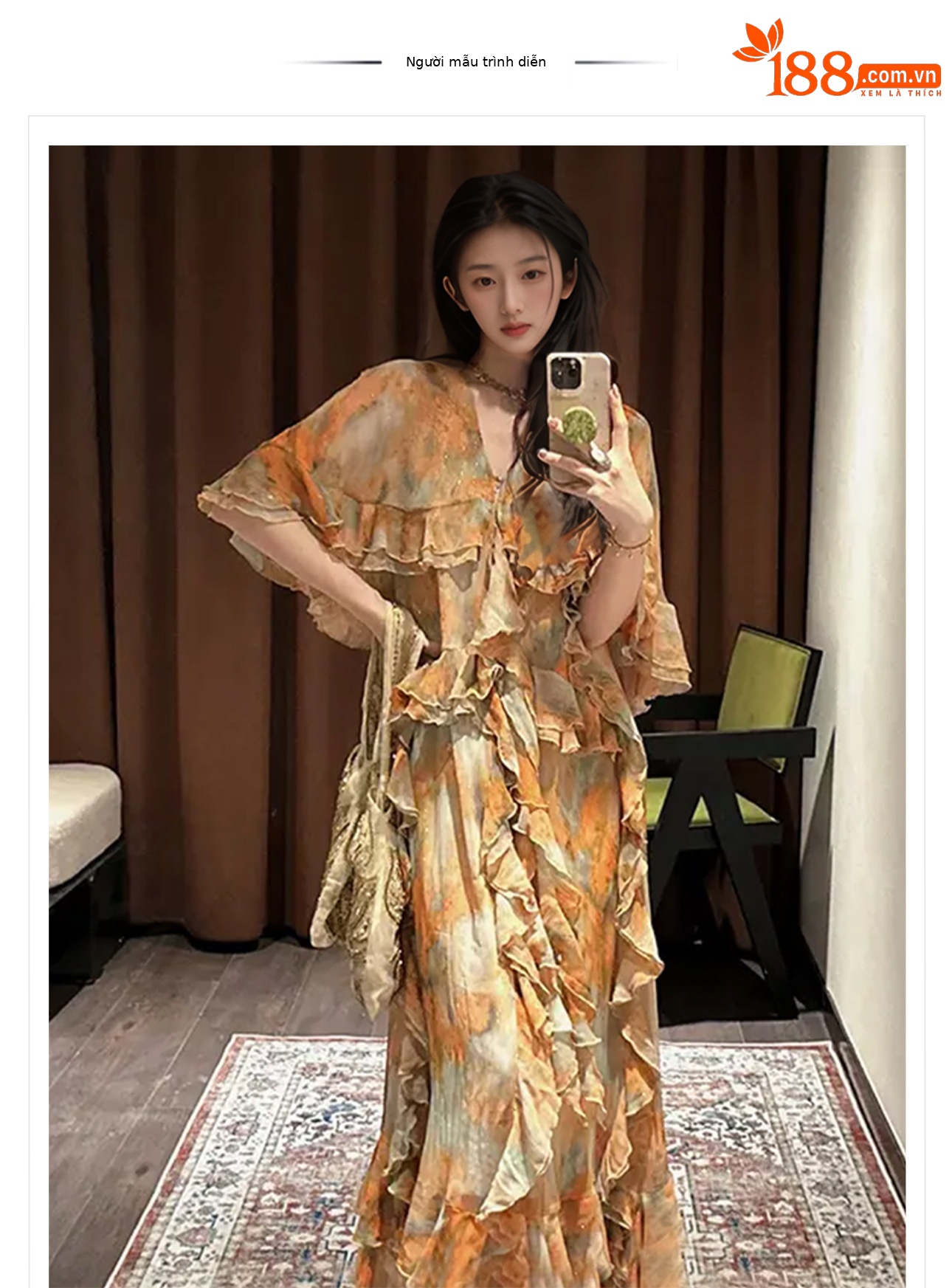 Đầm maxi nữ thắt eo họa tiết ombre cổ sen cách tân — Màu cam, Màu trắng be chi tiết 1
