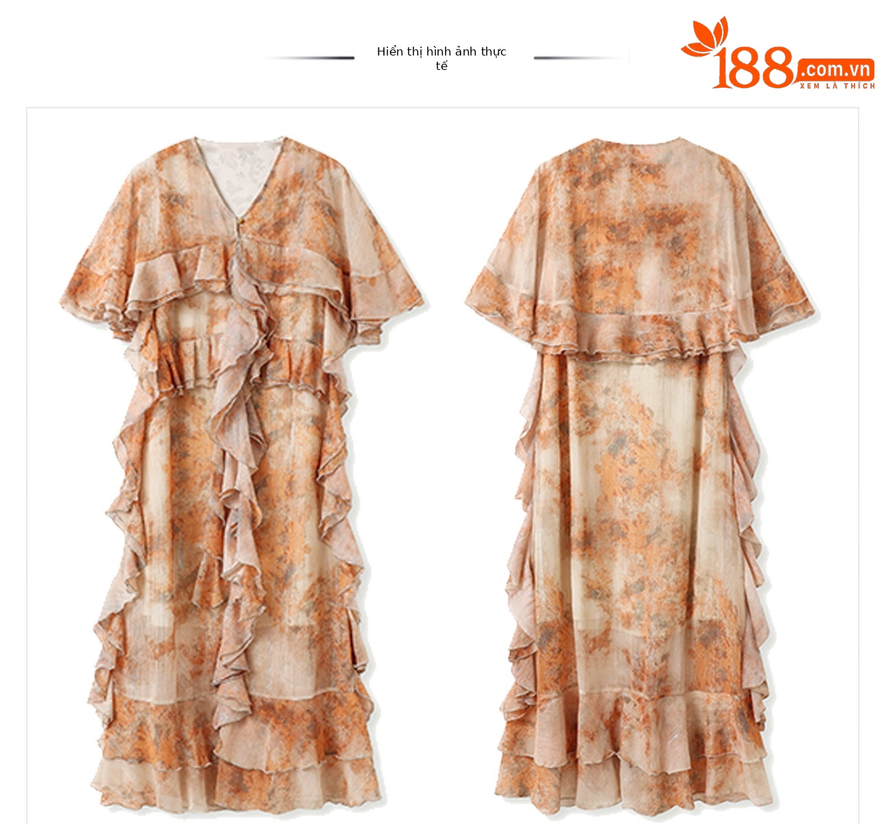 Đầm maxi nữ thắt eo họa tiết ombre cổ sen cách tân — Màu cam, Màu trắng be chi tiết 4