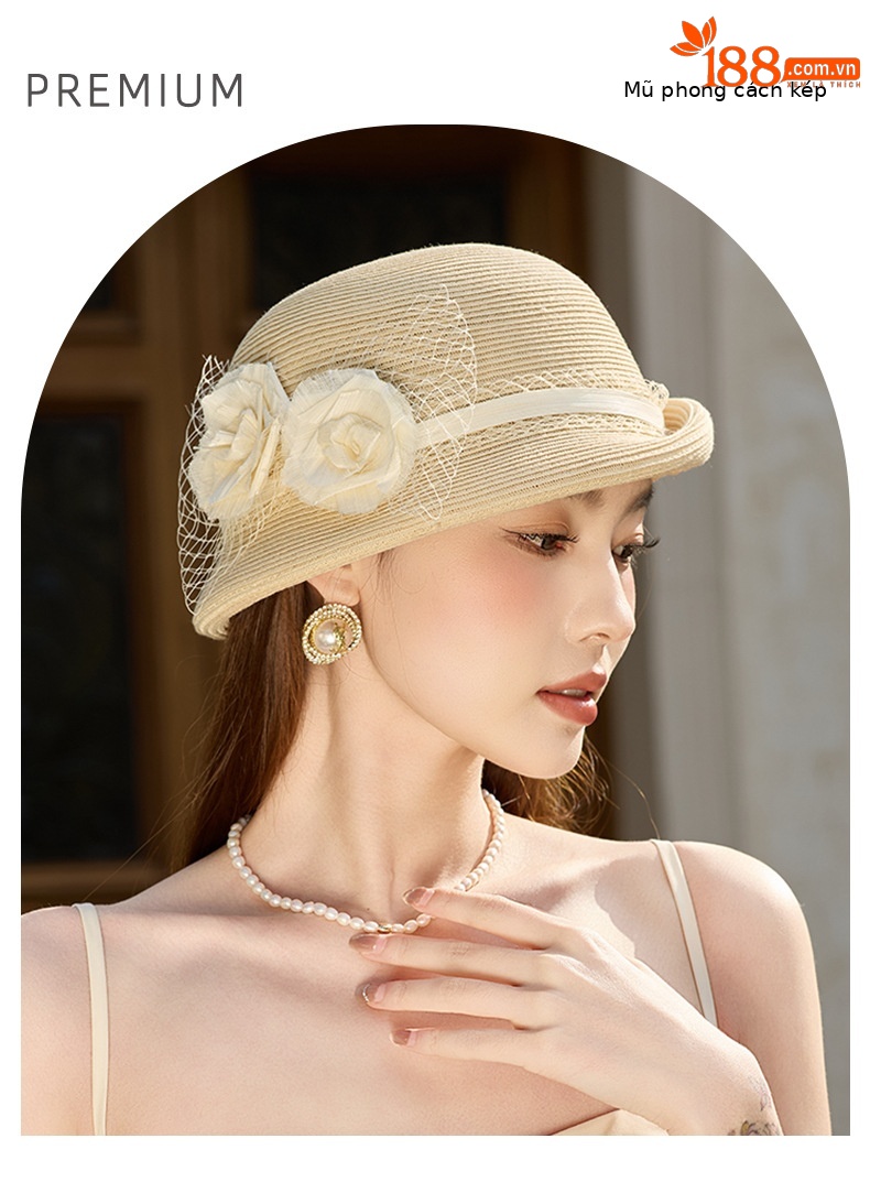 Mũ cói vành rộng nữ chống nắng mùa hè, phụ kiện đi biển du lịch ngoài trời — Màu be chi tiết 1