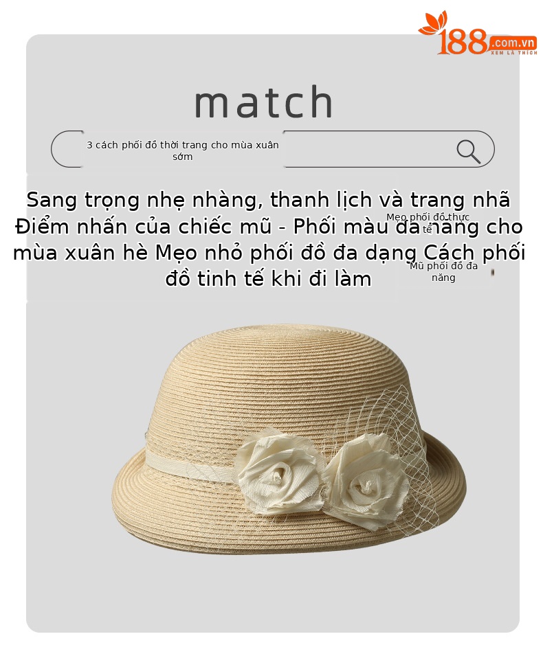Mũ cói vành rộng nữ chống nắng mùa hè, phụ kiện đi biển du lịch ngoài trời — Màu be chi tiết 2