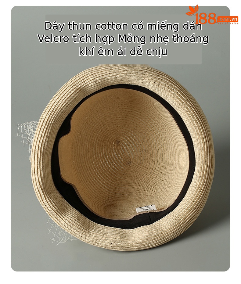 Mũ cói vành rộng nữ chống nắng mùa hè, phụ kiện đi biển du lịch ngoài trời — Màu be chi tiết 4