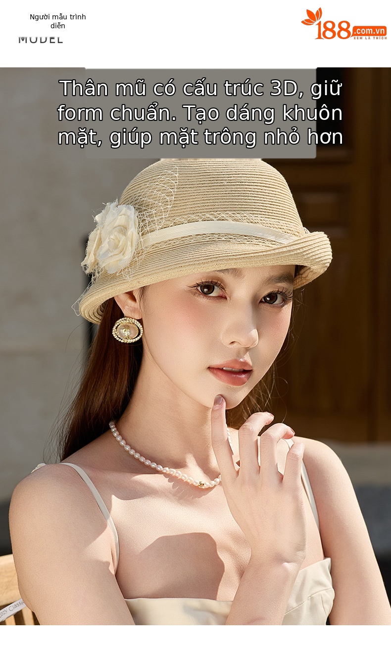 Mũ cói vành rộng nữ chống nắng mùa hè, phụ kiện đi biển du lịch ngoài trời — Màu be chi tiết 6