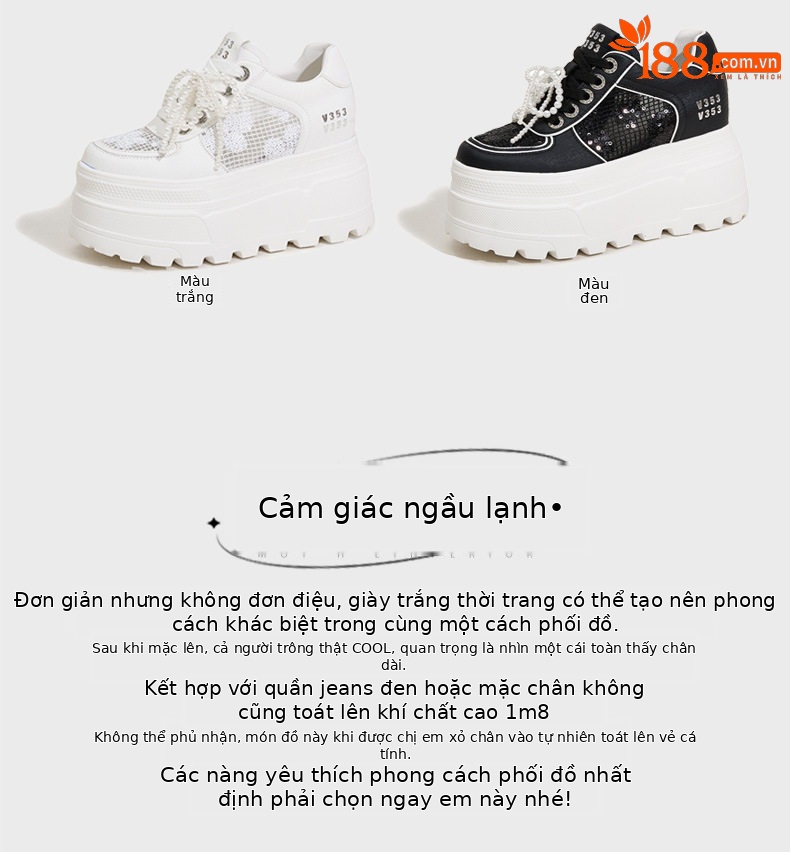 Giày sneaker nữ chunky đế dày trắng phối lưới thoáng khí — Trắng, Đen chi tiết 4