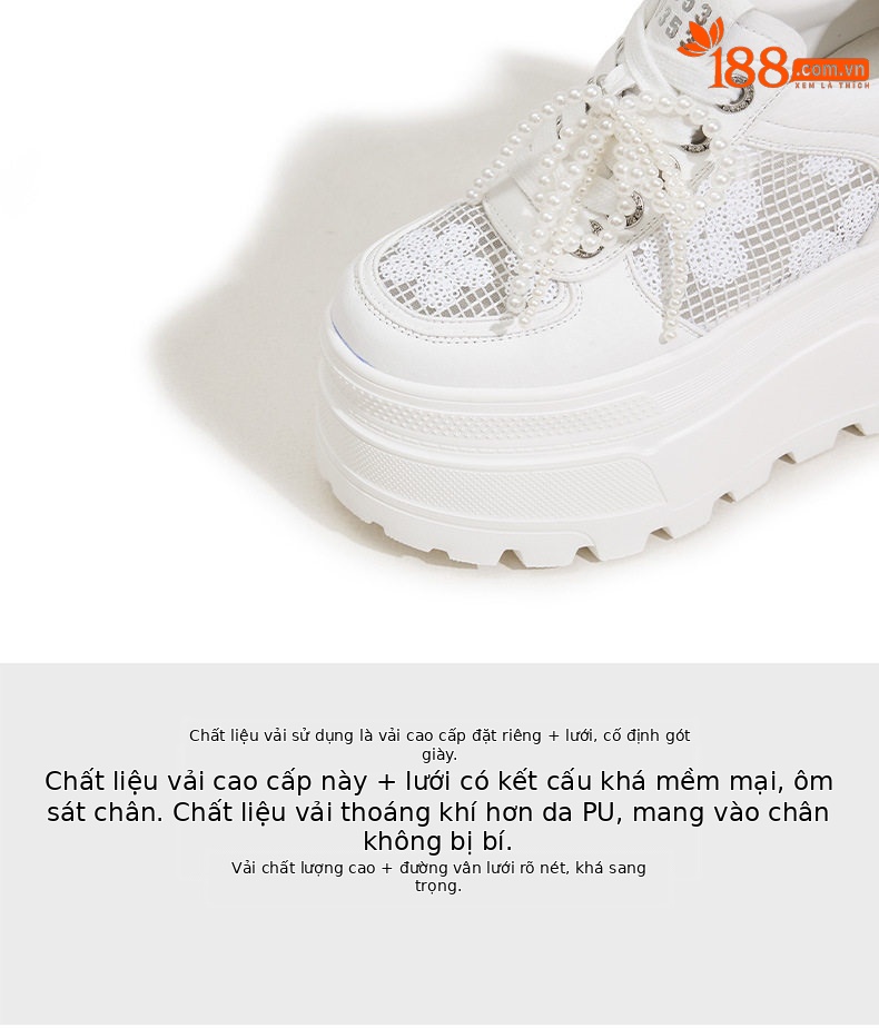 Giày sneaker nữ chunky đế dày trắng phối lưới thoáng khí — Trắng, Đen chi tiết 8