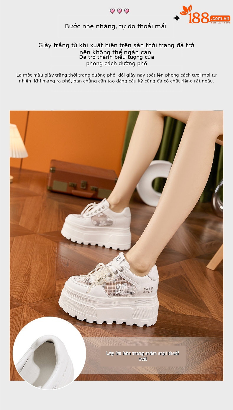 Giày sneaker nữ chunky đế dày trắng phối lưới thoáng khí — Trắng, Đen chi tiết 6