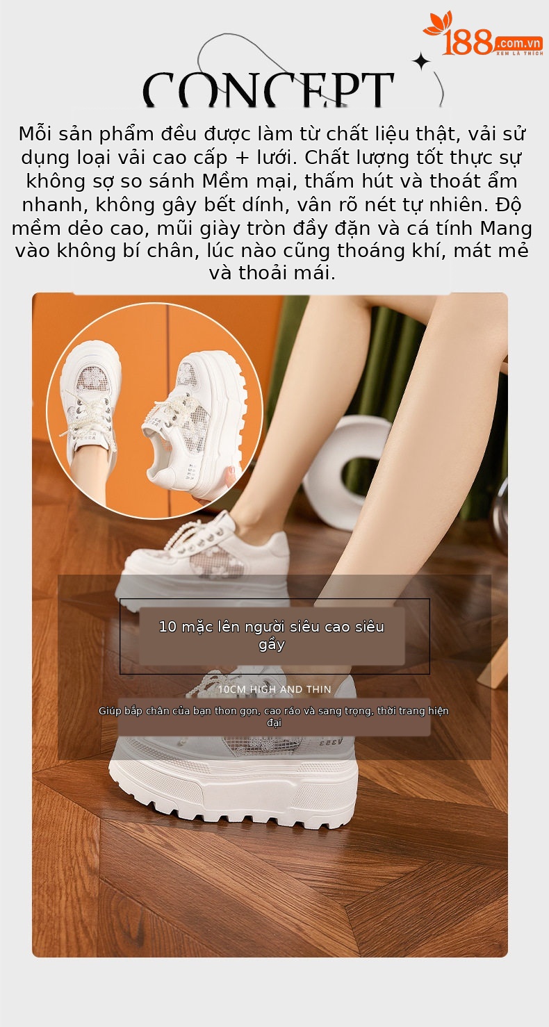 Giày sneaker nữ chunky đế dày trắng phối lưới thoáng khí — Trắng, Đen chi tiết 11