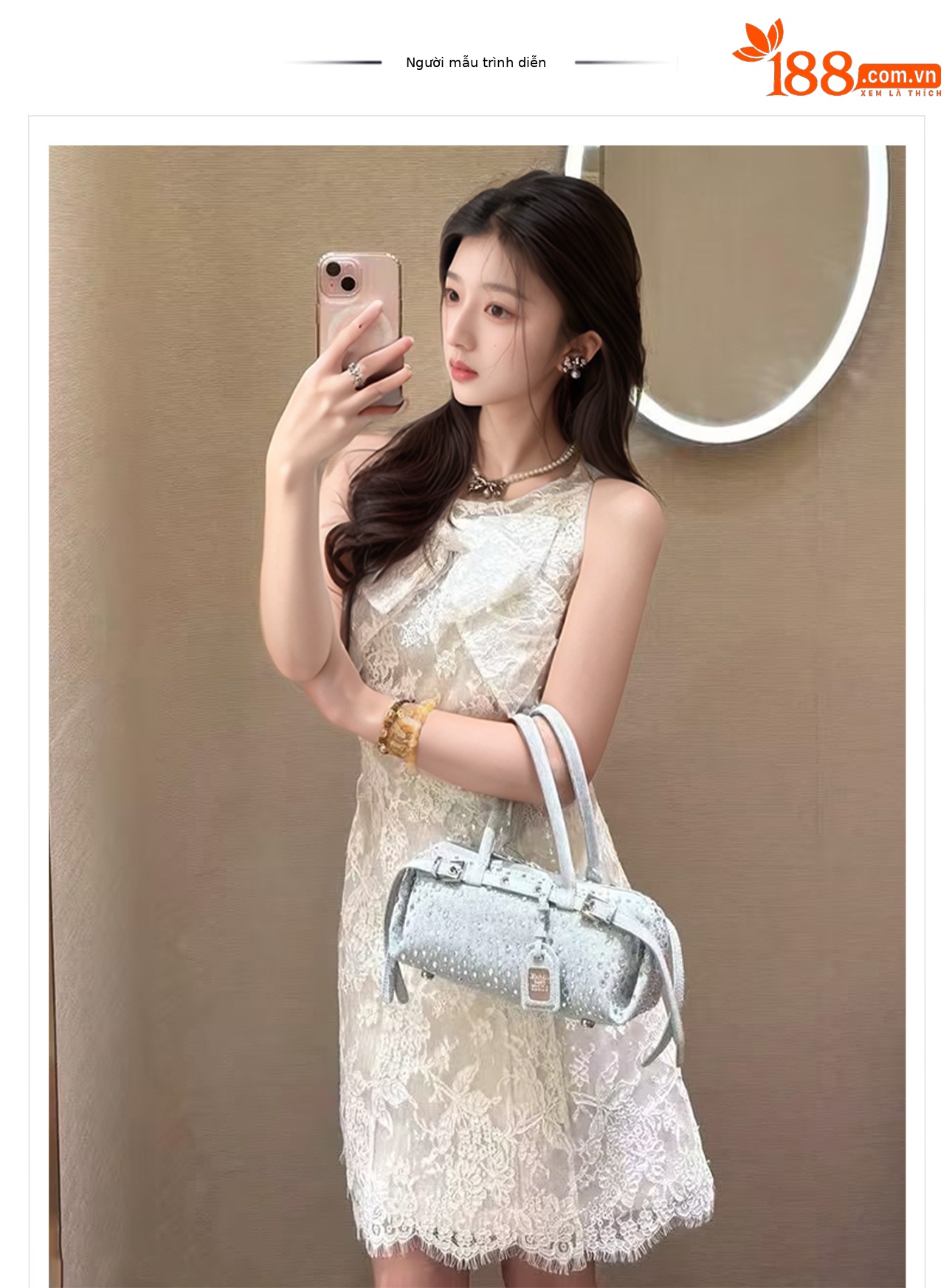 Váy ren lưới phối nơ kiểu Pháp ôm sát nữ mùa hè ZX N3058 — Màu trắng be chi tiết 1