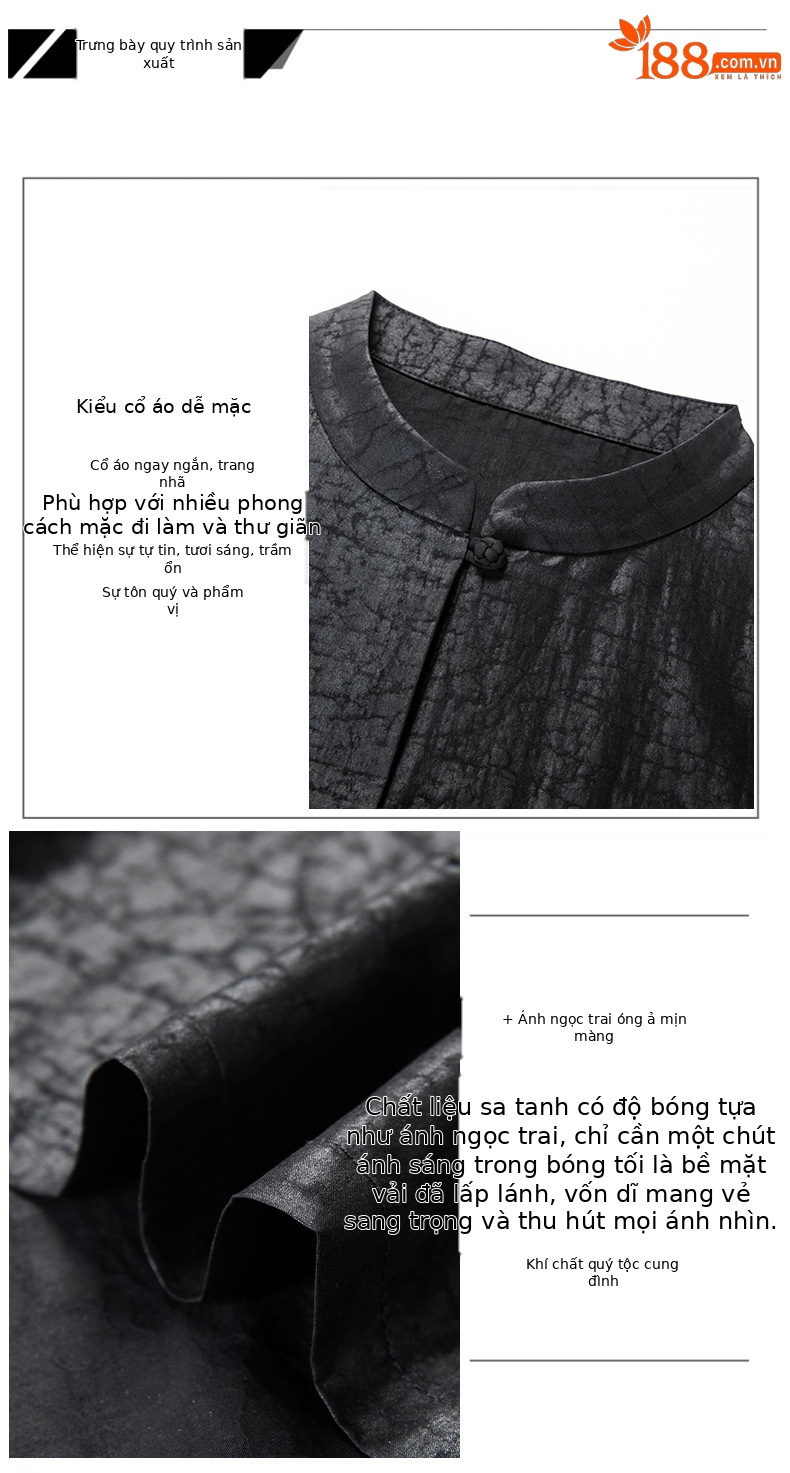 Áo sơ mi ngắn tay nam cổ đứng tay bảy phần tư phong cách nhà Đường cổ điển chất lụa dâu tằm — Đen 25138 chi tiết 5