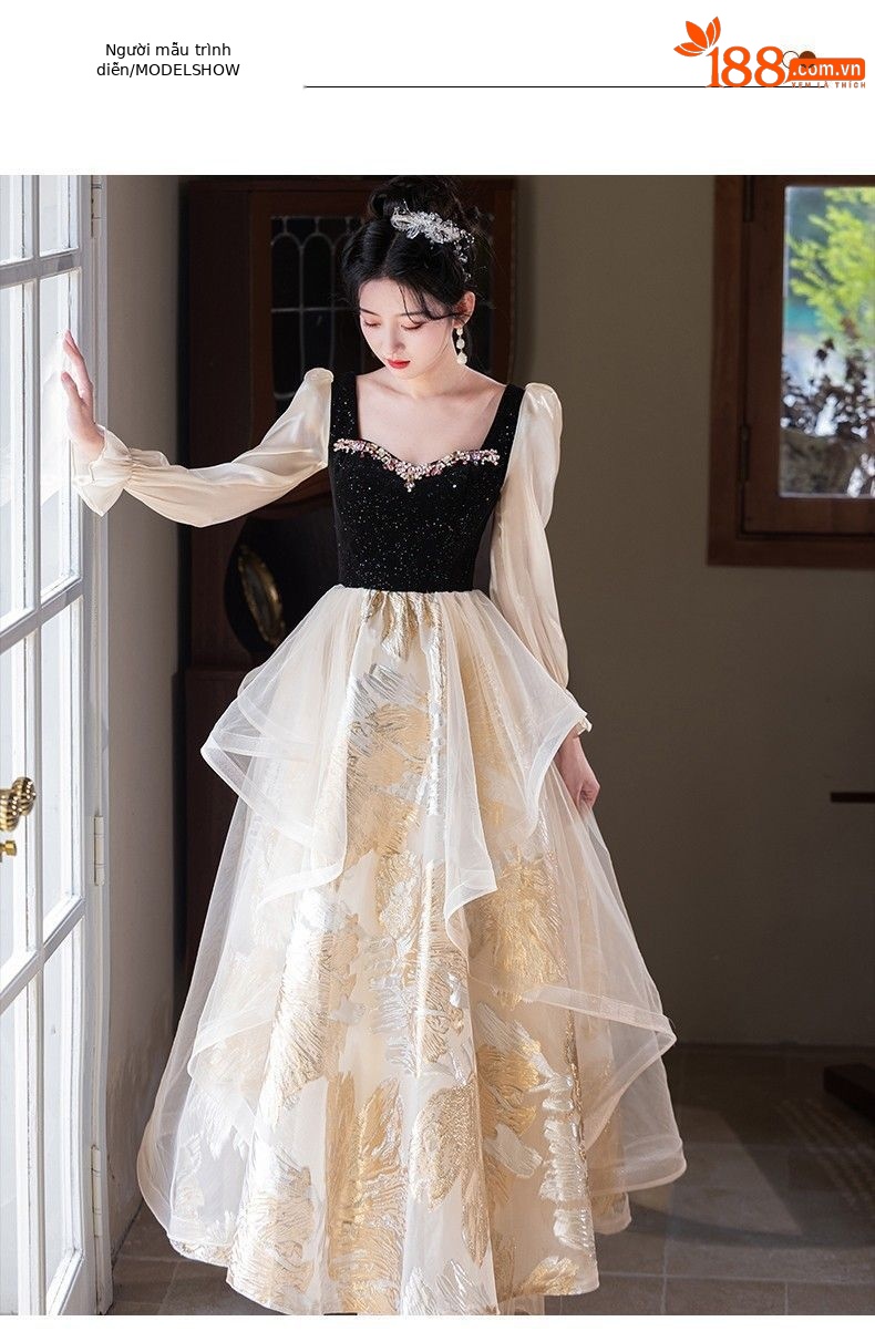 Đầm dạ hội cổ vuông tay dài kiểu Pháp thanh lịch, phù hợp dẫn chương trình, chơi đàn piano — Màu như hình chi tiết 6