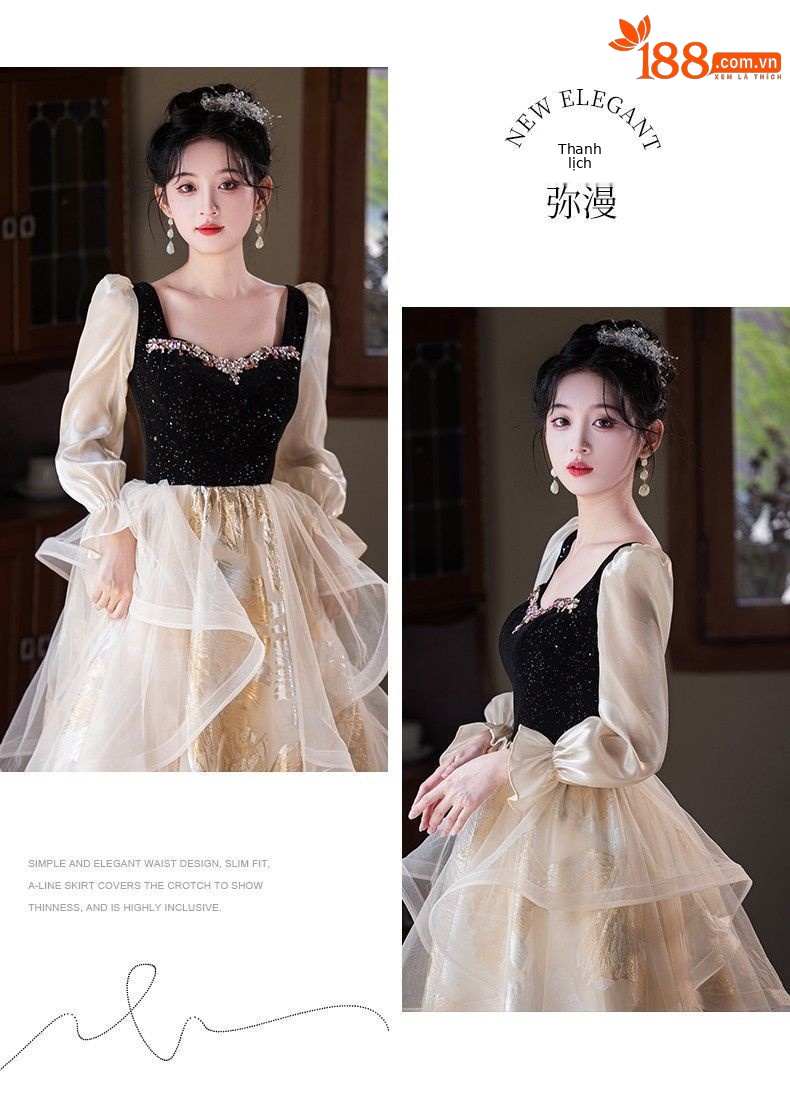Đầm dạ hội cổ vuông tay dài kiểu Pháp thanh lịch, phù hợp dẫn chương trình, chơi đàn piano — Màu như hình chi tiết 10