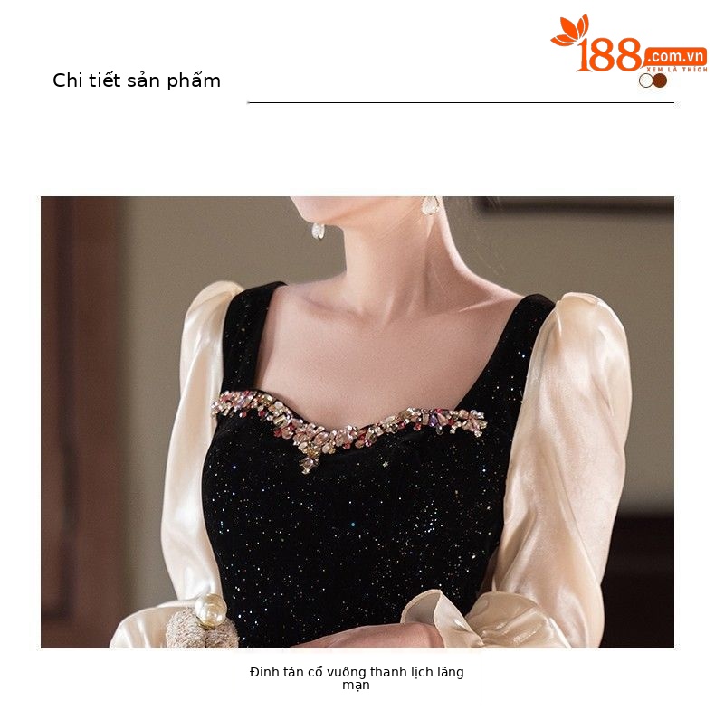 Đầm dạ hội cổ vuông tay dài kiểu Pháp thanh lịch, phù hợp dẫn chương trình, chơi đàn piano — Màu như hình chi tiết 15