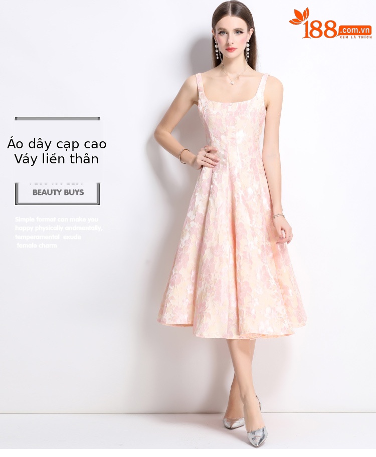 Váy liền không tay jacquard hồng dạ hội nhẹ kiểu Pháp hai dây cao cấp — Màu hoa chi tiết 1