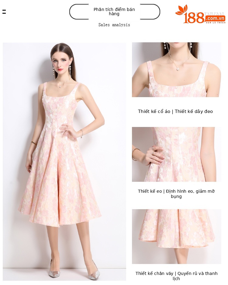 Váy liền không tay jacquard hồng dạ hội nhẹ kiểu Pháp hai dây cao cấp — Màu hoa chi tiết 2