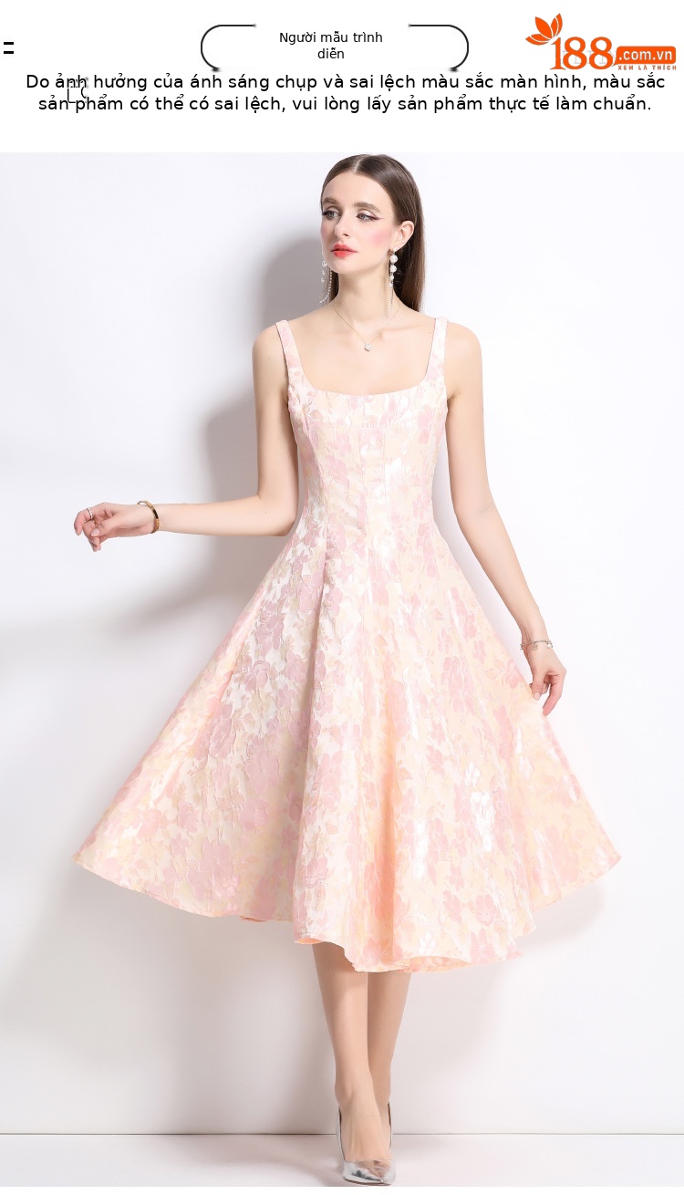 Váy liền không tay jacquard hồng dạ hội nhẹ kiểu Pháp hai dây cao cấp — Màu hoa chi tiết 4