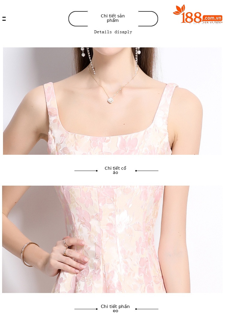 Váy liền không tay jacquard hồng dạ hội nhẹ kiểu Pháp hai dây cao cấp — Màu hoa chi tiết 10