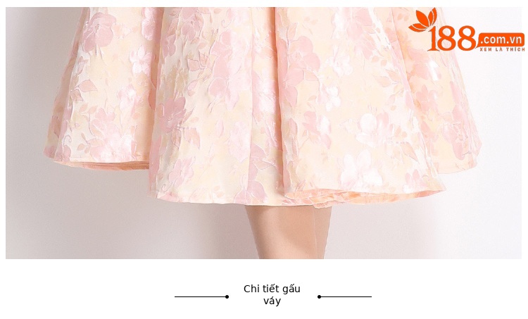 Váy liền không tay jacquard hồng dạ hội nhẹ kiểu Pháp hai dây cao cấp — Màu hoa chi tiết 11
