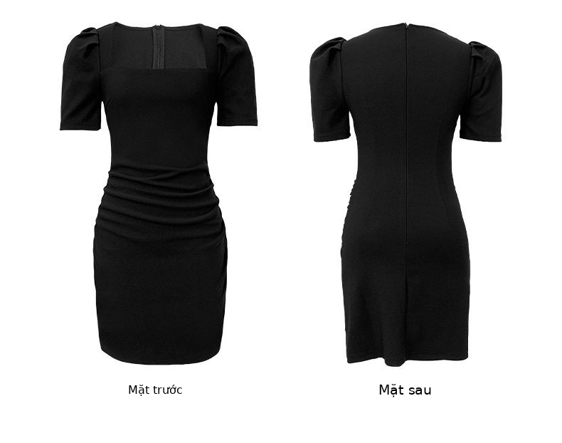 Đầm ôm body nữ cổ vuông phong cách Pháp tay ngắn — [Đen], [Trắng] chi tiết 5