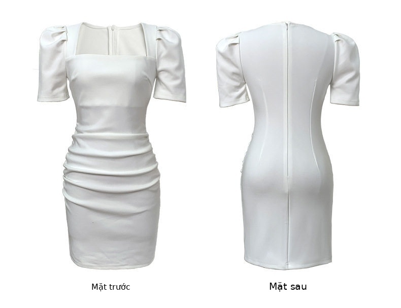Đầm ôm body nữ cổ vuông phong cách Pháp tay ngắn — [Đen], [Trắng] chi tiết 6