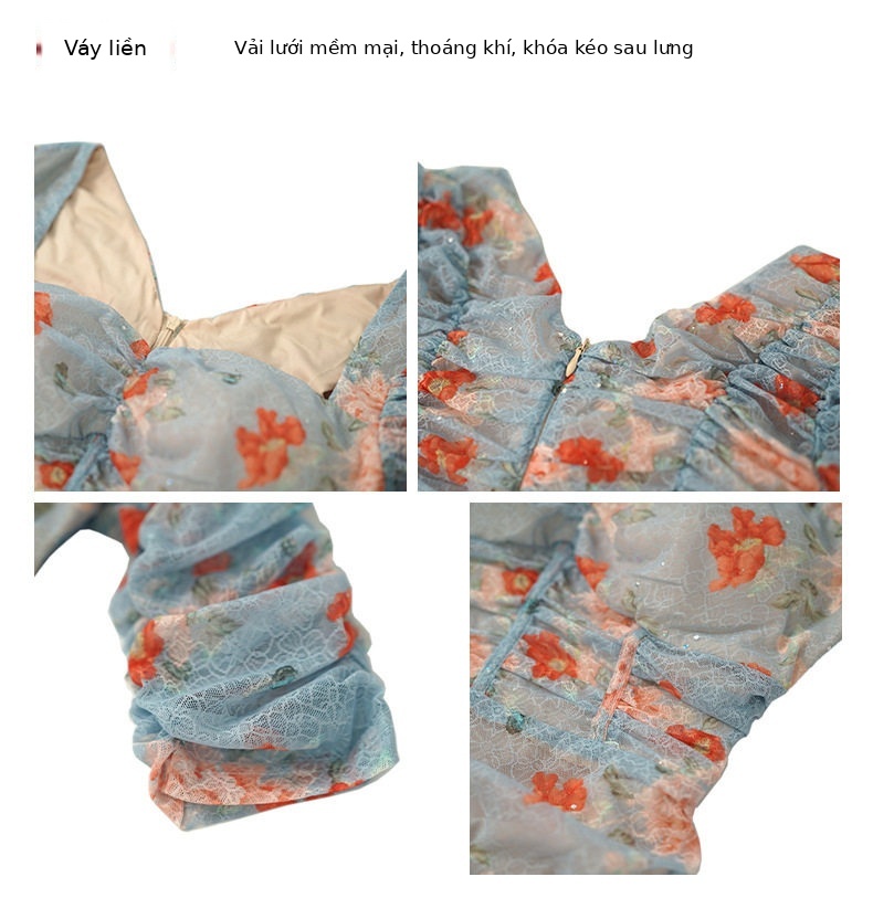 Đầm suông midi họa tiết hoa cổ vuông tay ngắn phong cách Pháp — [Xanh trời] chi tiết 3