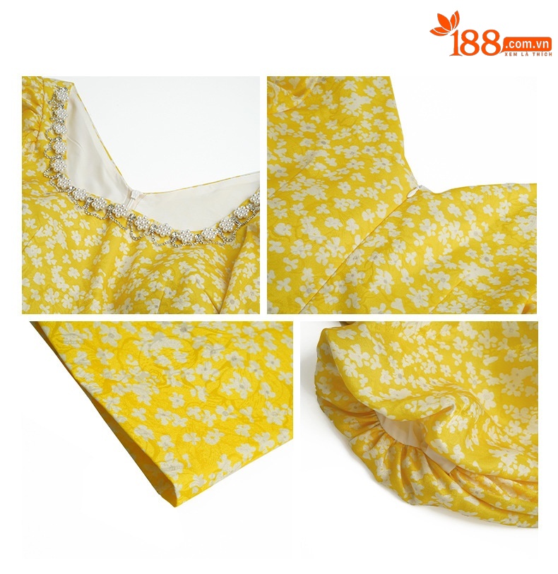 Đầm maxi nữ thắt eo cổ vuông tay phồng họa tiết hoa nhí đính kim cương — Màu vàng chi tiết 2