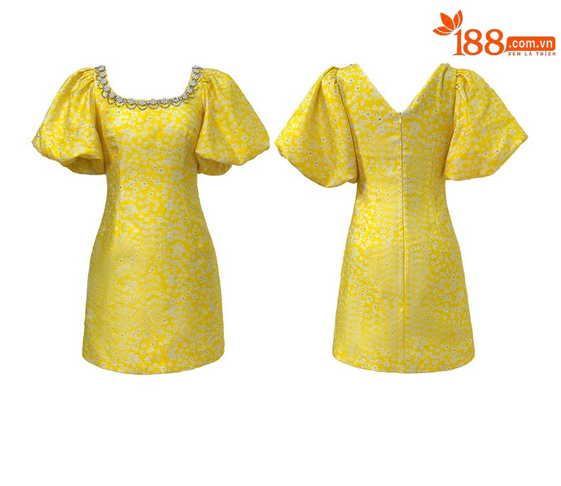 Đầm maxi nữ thắt eo cổ vuông tay phồng họa tiết hoa nhí đính kim cương — Màu vàng chi tiết 3