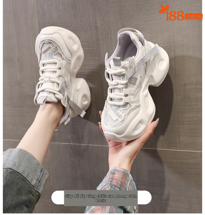 Giày sneaker nữ đế dày lưới thoáng khí đính đá rhinestone — Màu be chi tiết 1