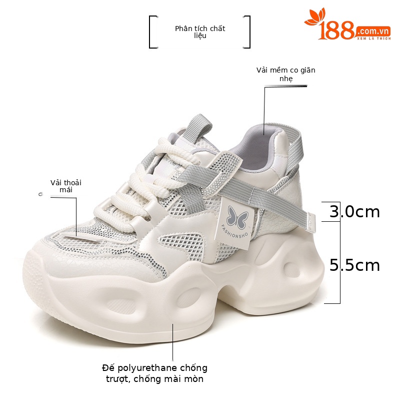 Giày sneaker nữ đế dày lưới thoáng khí đính đá rhinestone — Màu be chi tiết 3