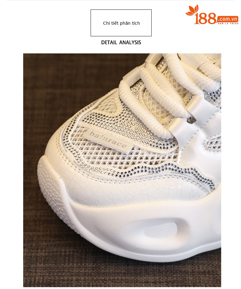 Giày sneaker nữ đế dày lưới thoáng khí đính đá rhinestone — Màu be chi tiết 7