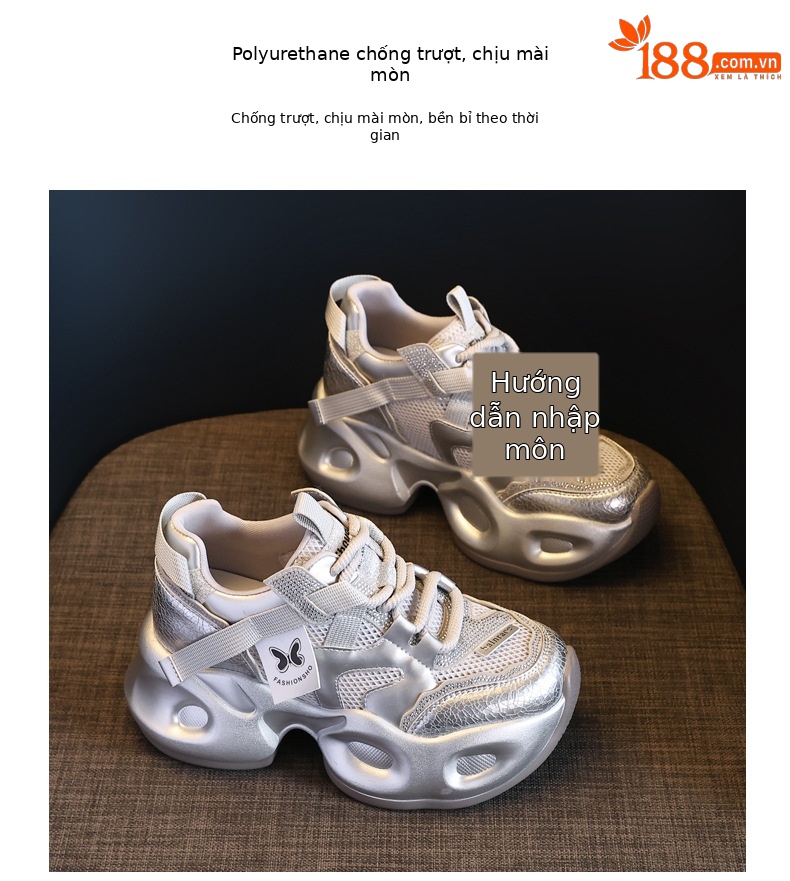 Giày sneaker nữ đế dày lưới thoáng khí đính đá rhinestone — Màu be chi tiết 10
