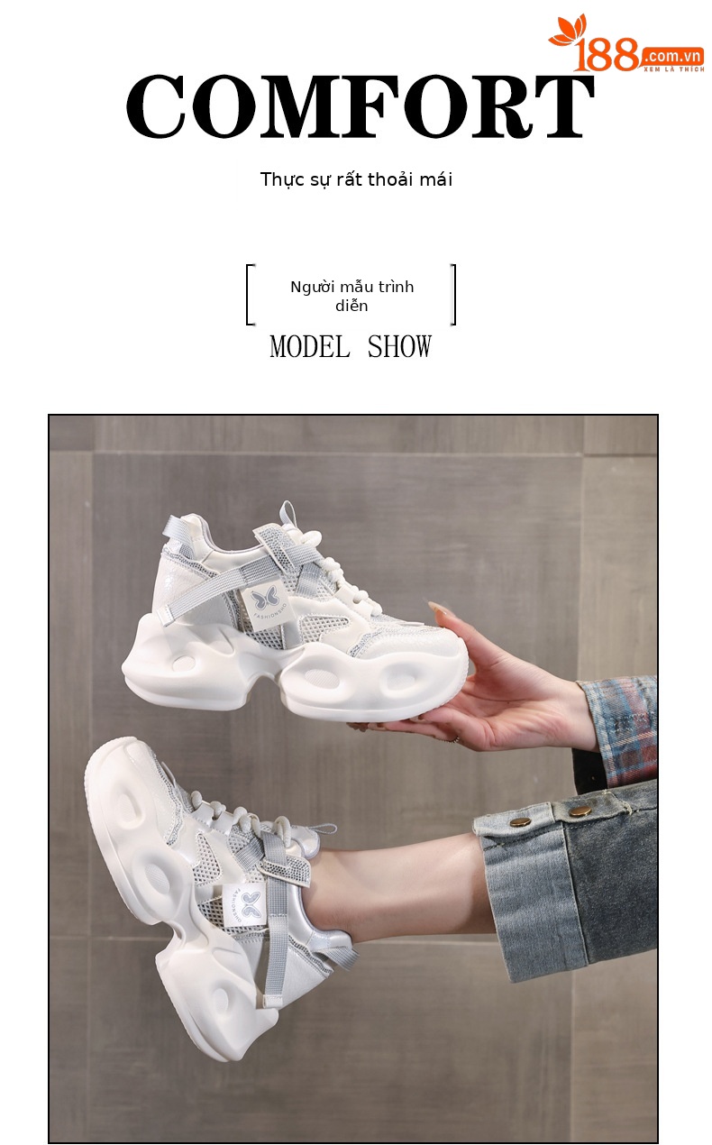 Giày sneaker nữ đế dày lưới thoáng khí đính đá rhinestone — Màu be chi tiết 11