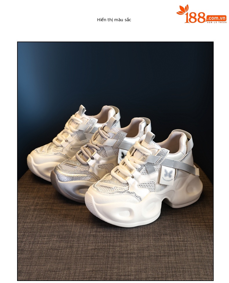 Giày sneaker nữ đế dày lưới thoáng khí đính đá rhinestone — Màu be chi tiết 18