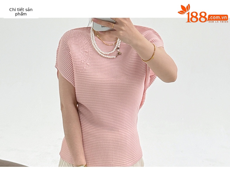 Áo thun nữ ngắn tay cổ tròn xếp ly co giãn cao — Tím hoa oải hương chi tiết 3