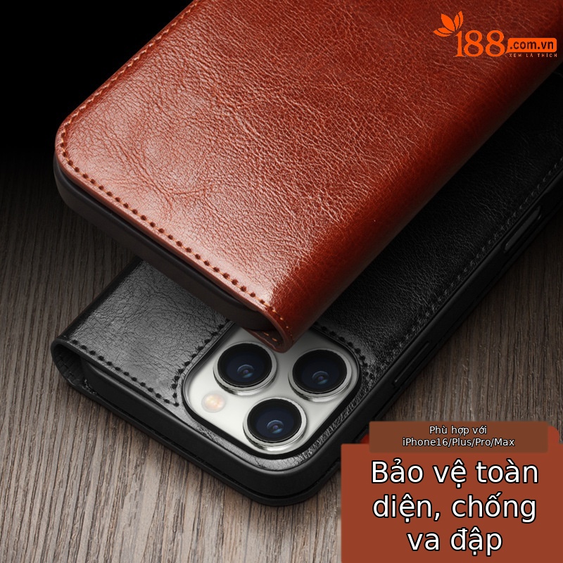 Ốp điện thoại di động iPhone 16epromax dùng cho Qiaili, giá đỡ nắp gập Apple da thật, bao toàn bộ, bao bảo vệ, thẻ — IPhone16 pro max kiểu cổ điển màu nâu, IPhone16 pro max mẫu cổ điển màu đen, IPhone16 pro màu nâu cổ điển, IPhone16 pro màu đen cổ điển