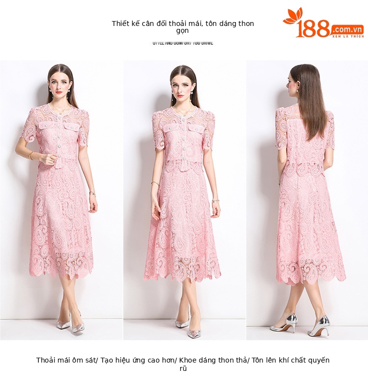 Set váy liền hai mảnh mùa hè: áo sơ mi cổ tròn ngắn tay thêu ren rỗng kết hợp chân váy chữ A cạp cao xòe rộng — Màu xanh lam, Màu hồng, Màu mơ chi tiết 7