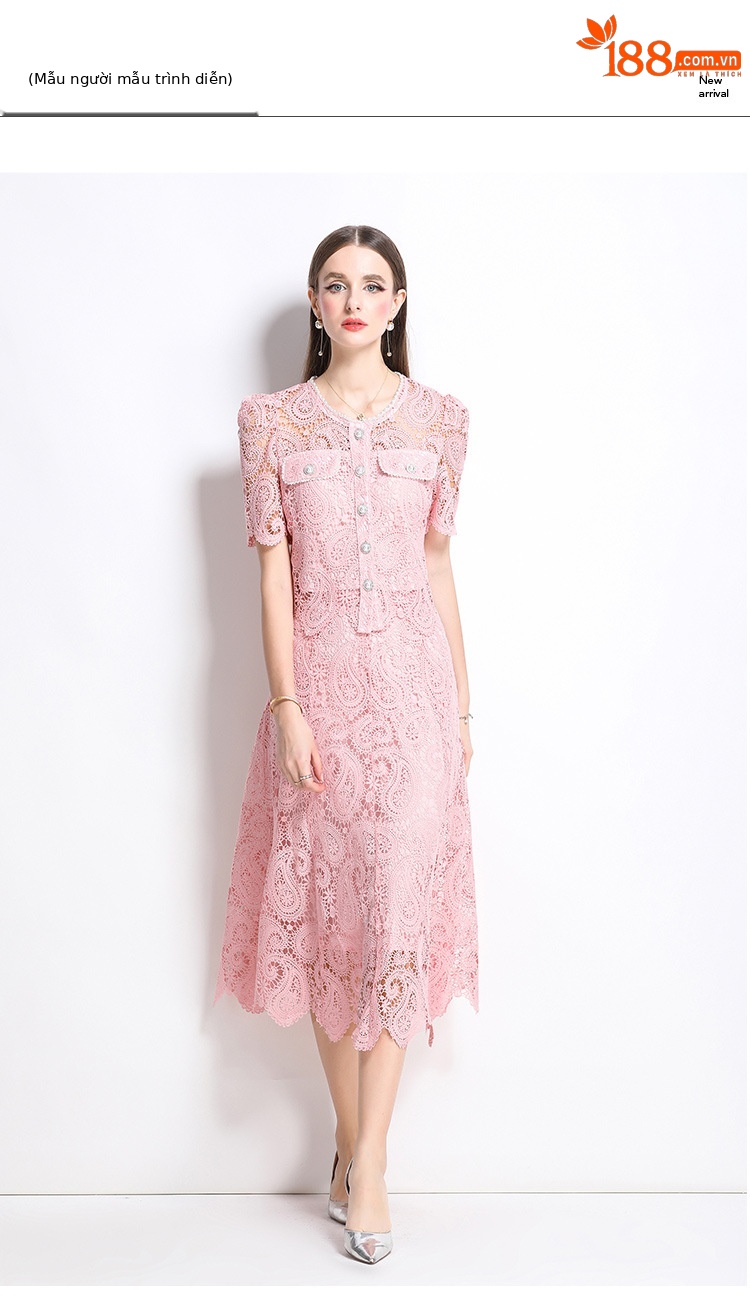 Set váy liền hai mảnh mùa hè: áo sơ mi cổ tròn ngắn tay thêu ren rỗng kết hợp chân váy chữ A cạp cao xòe rộng — Màu xanh lam, Màu hồng, Màu mơ chi tiết 11