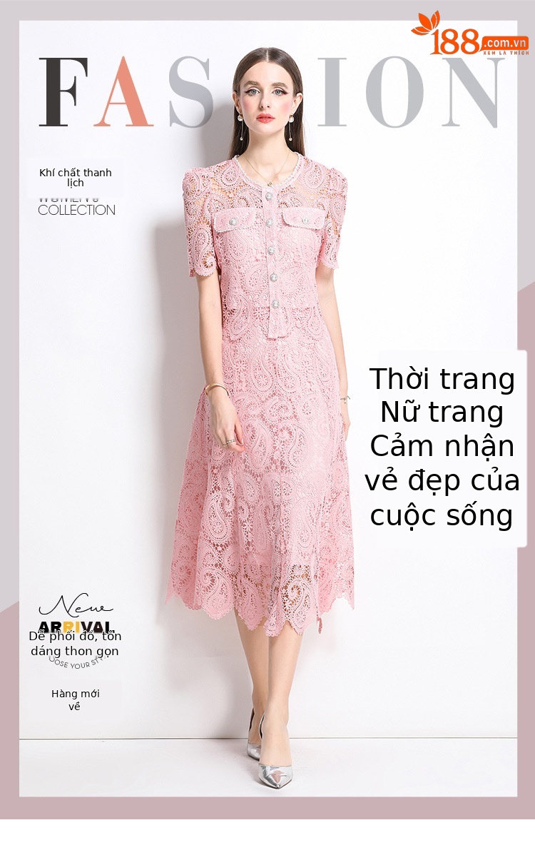 Set váy liền hai mảnh mùa hè: áo sơ mi cổ tròn ngắn tay thêu ren rỗng kết hợp chân váy chữ A cạp cao xòe rộng — Màu xanh lam, Màu hồng, Màu mơ chi tiết 1
