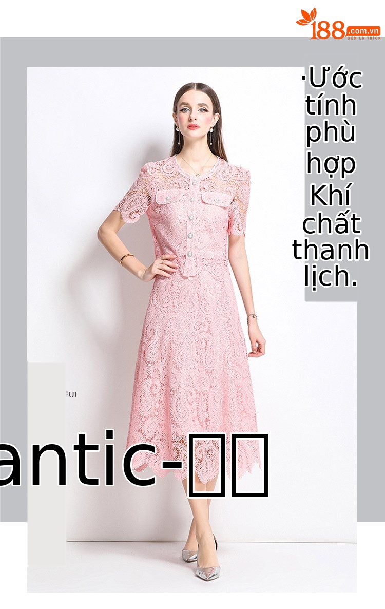 Set váy liền hai mảnh mùa hè: áo sơ mi cổ tròn ngắn tay thêu ren rỗng kết hợp chân váy chữ A cạp cao xòe rộng — Màu xanh lam, Màu hồng, Màu mơ chi tiết 6