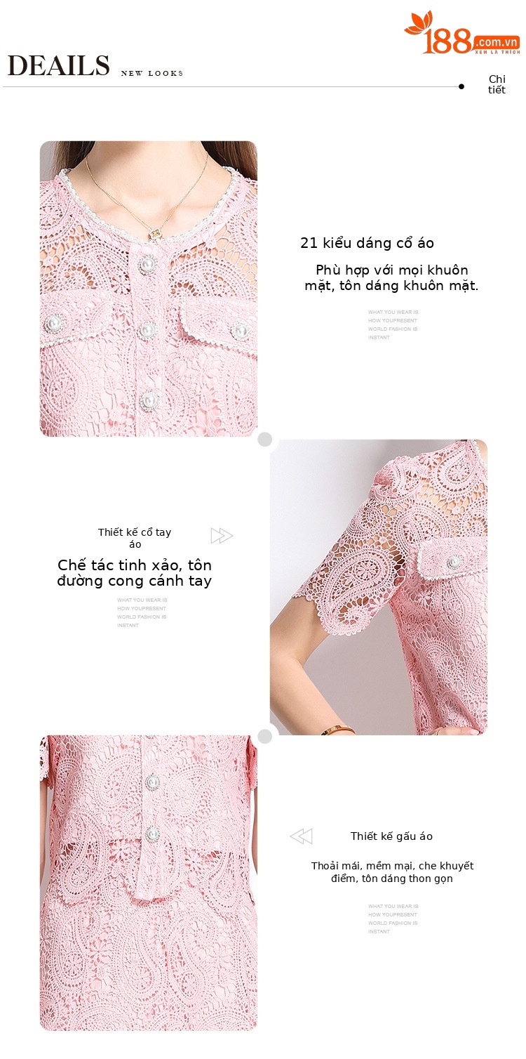 Set váy liền hai mảnh mùa hè: áo sơ mi cổ tròn ngắn tay thêu ren rỗng kết hợp chân váy chữ A cạp cao xòe rộng — Màu xanh lam, Màu hồng, Màu mơ chi tiết 8