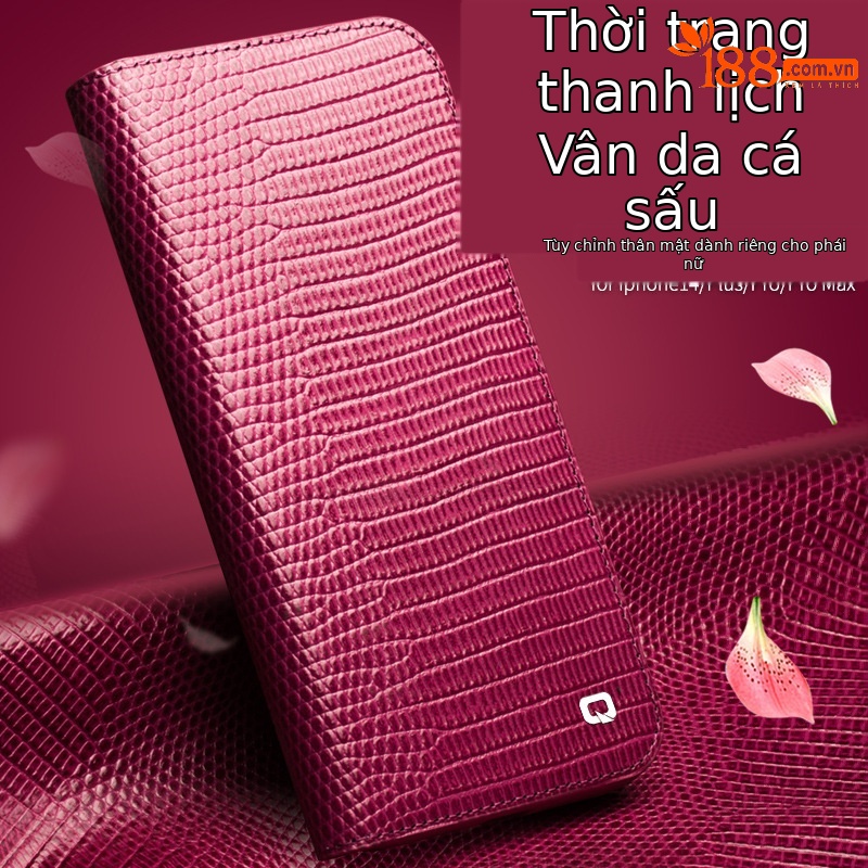 Ốp lưng iPhone 14 Pro Max da thật chống rơi, bảo vệ toàn diện — IPhone14 plus màu đỏ hồng cá sấu 6,7 inch